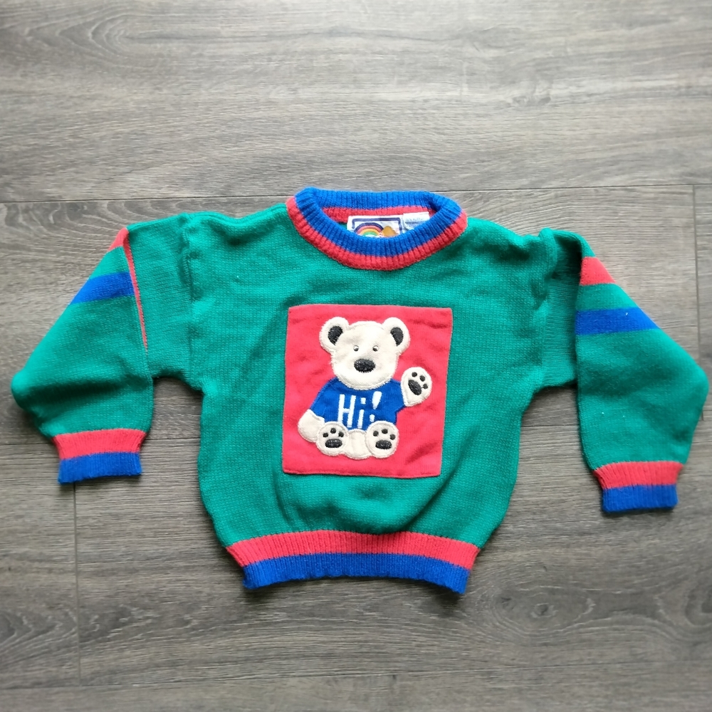 Bonjour Vintage Green & Red Teddy Bear Sweater Kids Size 3T 100% Acrylic